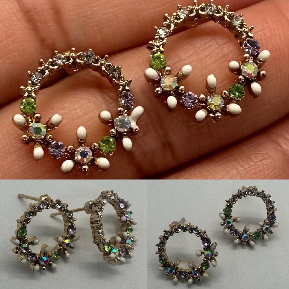 Vintage-Inspired Floral Wreath Stud Earrings, Pastel Multicolor Gemstones,